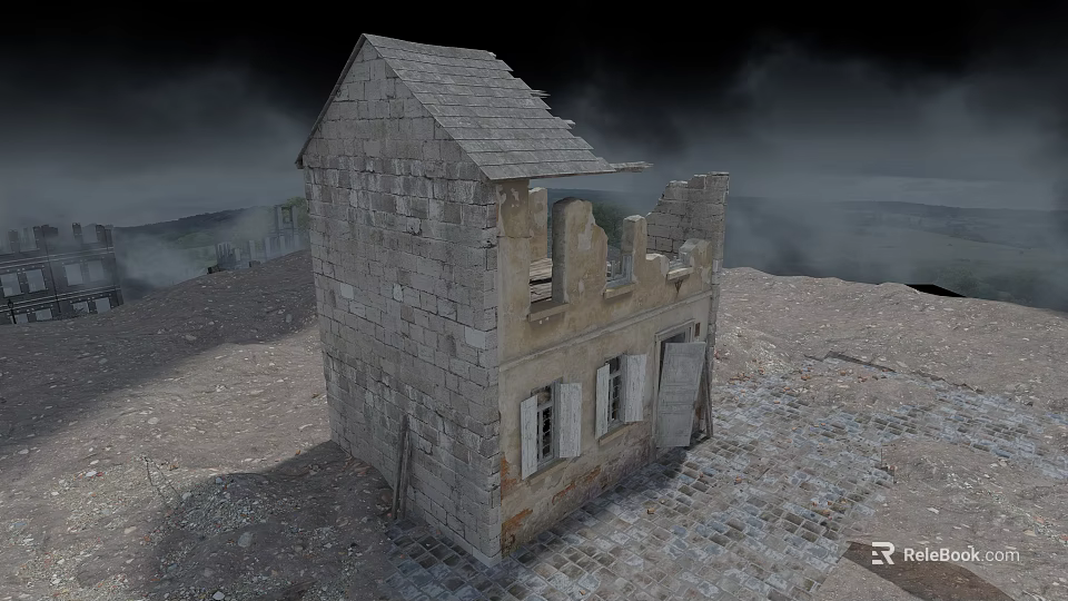 Old Stone Building Structure With Weathered Walls Tilted Roof Broken Windows and Wooden Door 3d model 