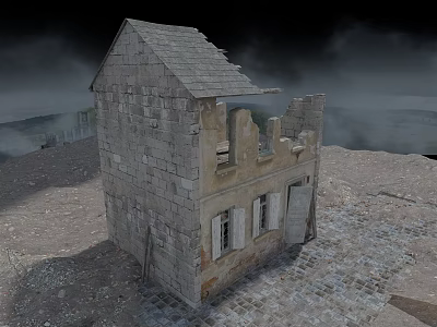 Old Stone Building Structure With Weathered Walls Tilted Roof Broken Windows and Wooden Door 3d model