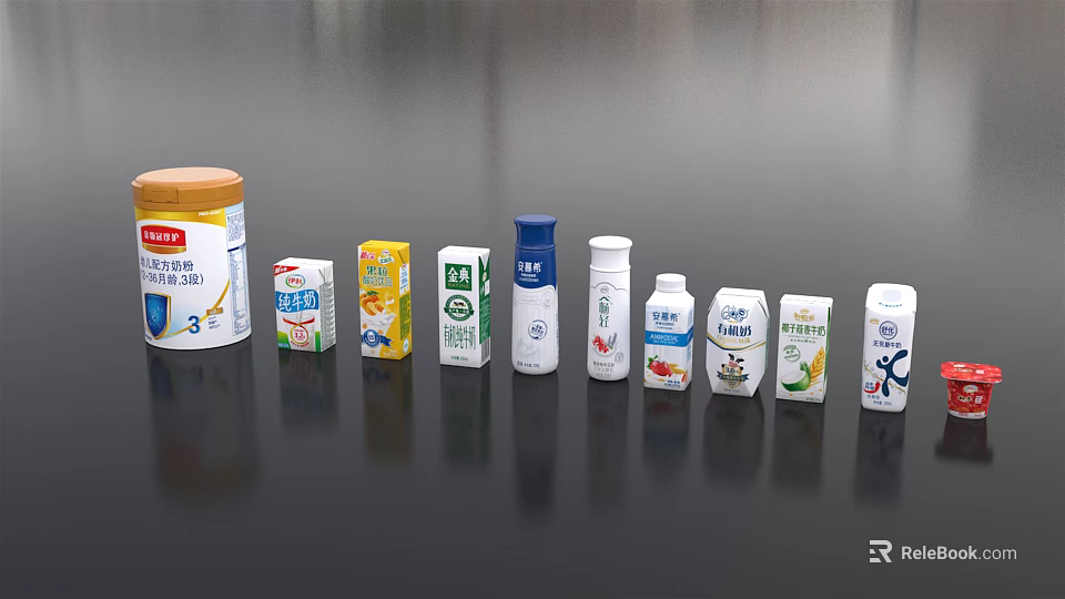 Various Beverage Products Including Milk Juice And Different Packaging Types 3d model
