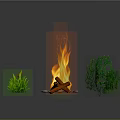 Garden Ornament with Burning Fire Pit Lush Green Plants and Stone Slab Surroundings