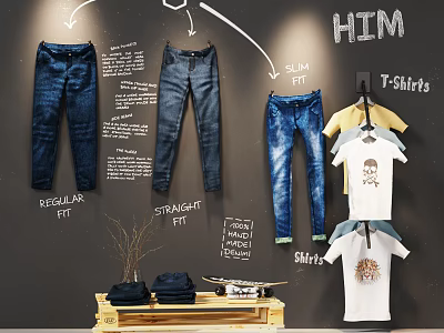 Men's Clothing Featuring Regular Straight Slim Fit Jeans And Graphic T Shirts On Wall 3d model