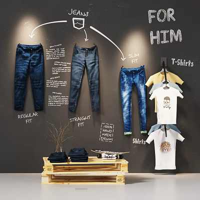 Men's Clothing Featuring Regular Straight Slim Fit Jeans And Graphic T Shirts On Wall 3d model