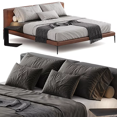 Modern Double Bed With Wooden Frame Plush Pillows Cozy Blanket And Nightstand 3d model