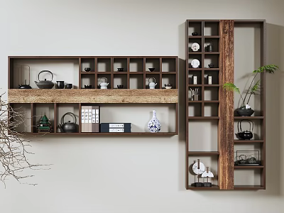 Traditional Chinese Wooden Etagere Display With Teapots Vases Layered Shelves And Green Plants 3d model