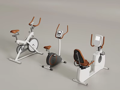 Different Styles Of Modern Exercise Bikes With White Frames Digital Consoles And Brown Seats 3d model