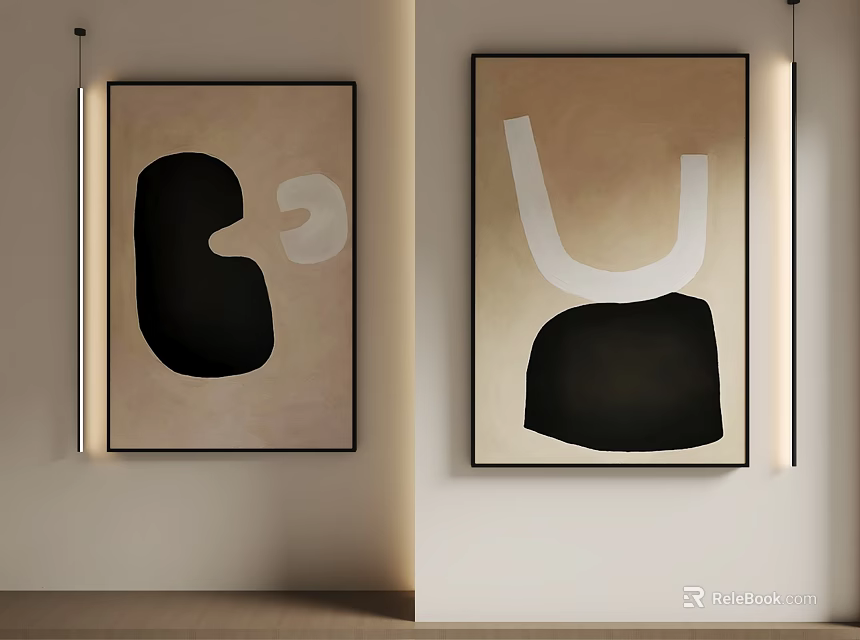 Abstract Paintings In Minimalist Interior With Geometric Shapes And Wall Lamps 3d model 