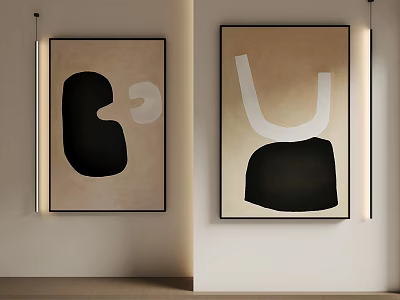 Abstract Paintings In Minimalist Interior With Geometric Shapes And Wall Lamps 3d model
