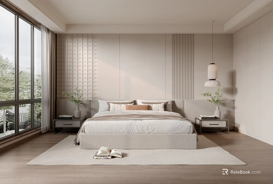 Modern Bedroom Interior With Natural Light Neutral Tones Textured Wall Layered Pillows And Wooden Flooring 3d model 