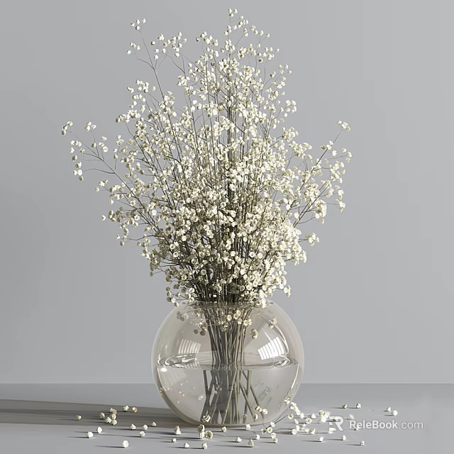 Fresh White Baby's Breath Flowers In Clear Glass Globe Vase On Minimalist Gray Background 3d model 