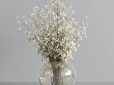 Fresh White Baby's Breath Flowers In Clear Glass Globe Vase On Minimalist Gray Background 3d model