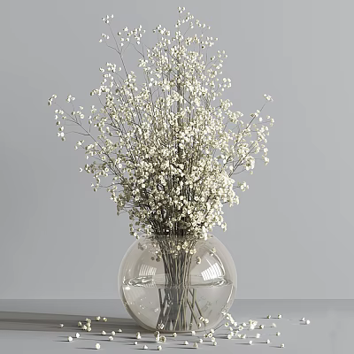 Fresh White Baby's Breath Flowers In Clear Glass Globe Vase On Minimalist Gray Background 3d model