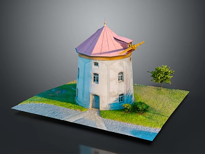 White Circular Tower with Pink Roof Windows Grass Path and Small Tree 3d model