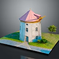 White Circular Tower with Pink Roof Windows Grass Path and Small Tree 3d model