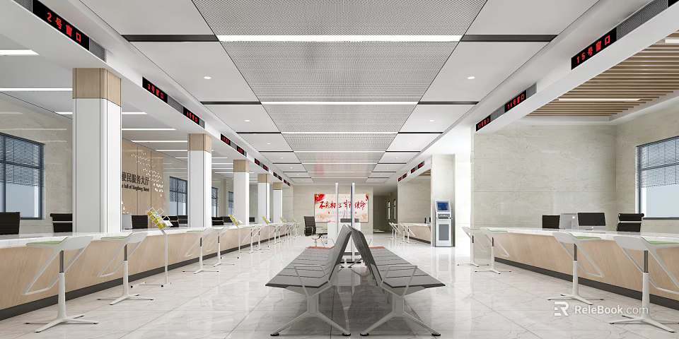Spacious Modern Service Hall Interior With Service Counters Waiting Seats And Bright Lighting 3d model