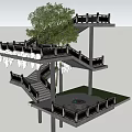 Outdoor Multi Level Staircase Connecting Platforms With Tree Green Plants Railing And Ocean View 3d model