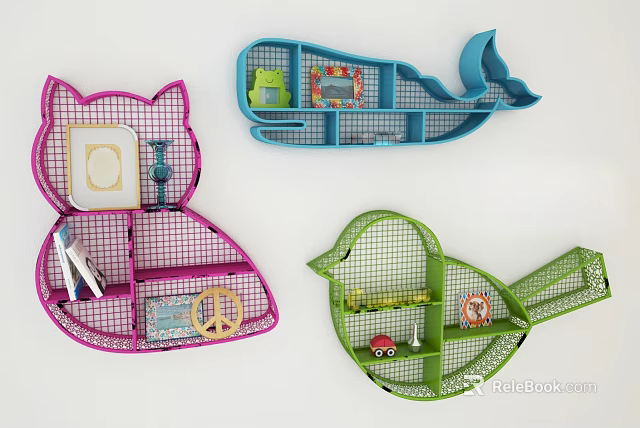 Cute Cat Whale Bird Shaped Wall Cabinets With Grid Design For Small Items Storage 3d model