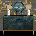 Elegant Green Textured Console Cabinet With Round Decor And Table Lamps 3d model