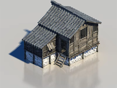 Traditional Wooden House With Tile Roof Stone Base Steps And Windows 3d model