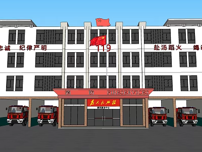 Fire Station Building with Red Fire Trucks and Flag in Front of White Structure 3d model