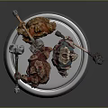 Fantasy Figure Models Three Characters With Hammers And Staffs On Silver Circular Base
