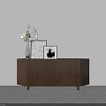 Brown Wooden Entryway Cabinet Sideboard With Vase Decorative Paintings White Wall Gray Floor