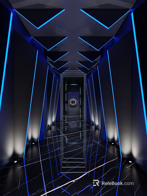 Modern KTV Corridor With Blue Lighting Mirrored Floor And Futuristic Design 3d model 
