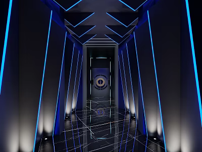 Modern KTV Corridor With Blue Lighting Mirrored Floor And Futuristic Design 3d model