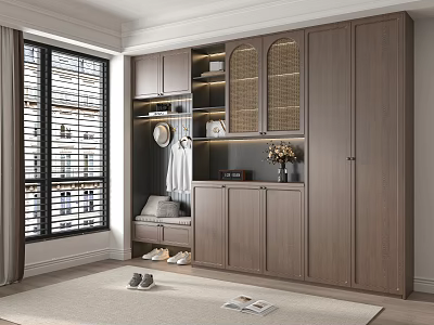 Modern Wooden Shoe Cabinet With Glass Doors Bench Storage By Window Blinds And Rug 3d model