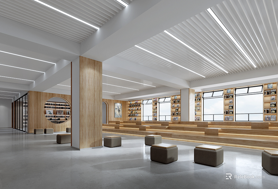 Book Art Inspired Library Interior Design With Wooden Bookshelves Large Windows And Modern Seating 3d model 