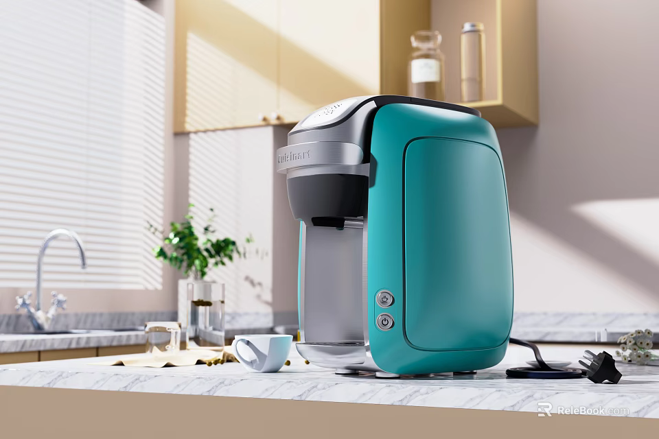 Teal Coffee Maker Kitchen Appliance On Modern Marble Countertop With Cabinets And Window Plant 3d model 