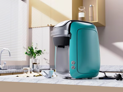 Teal Coffee Maker Kitchen Appliance On Modern Marble Countertop With Cabinets And Window Plant 3d model
