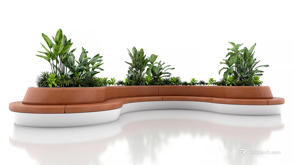 Modern Curved Banquette Sofa Brown And White Design With Green Plants In Interior 3d model 