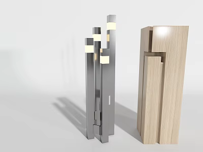 Modern Decorative Ornament Set With Metallic And Wooden Geometric Pieces Of Varying Heights 3d model