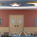 Vibrant Kindergarten Activity Room With Pink Yellow Walls House Shaped Decor Cartoon Paintings And Toys