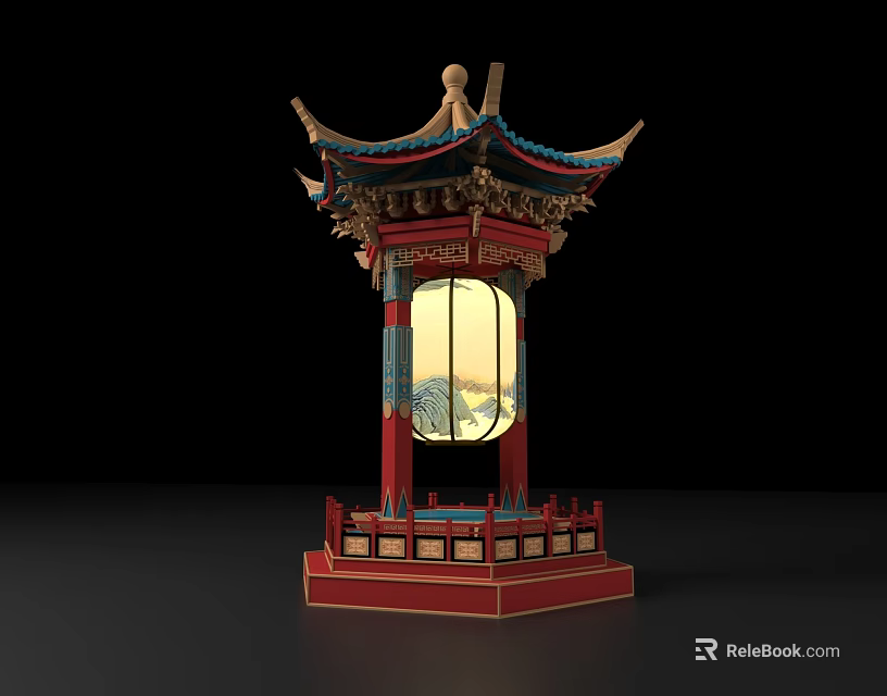 Traditional Ancient Chinese Architecture Style Lantern With Carved Details And Colorful Roof 3d model 