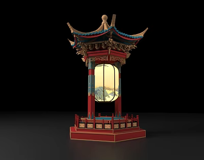 Traditional Ancient Chinese Architecture Style Lantern With Carved Details And Colorful Roof 3d model