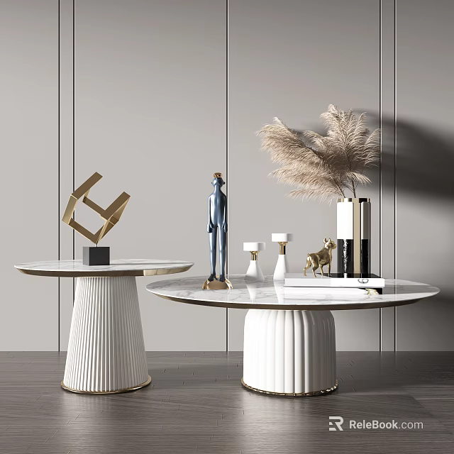 Modern Round Coffee Table With Marble Top Ribbed Base And Decorative Accents 3d model