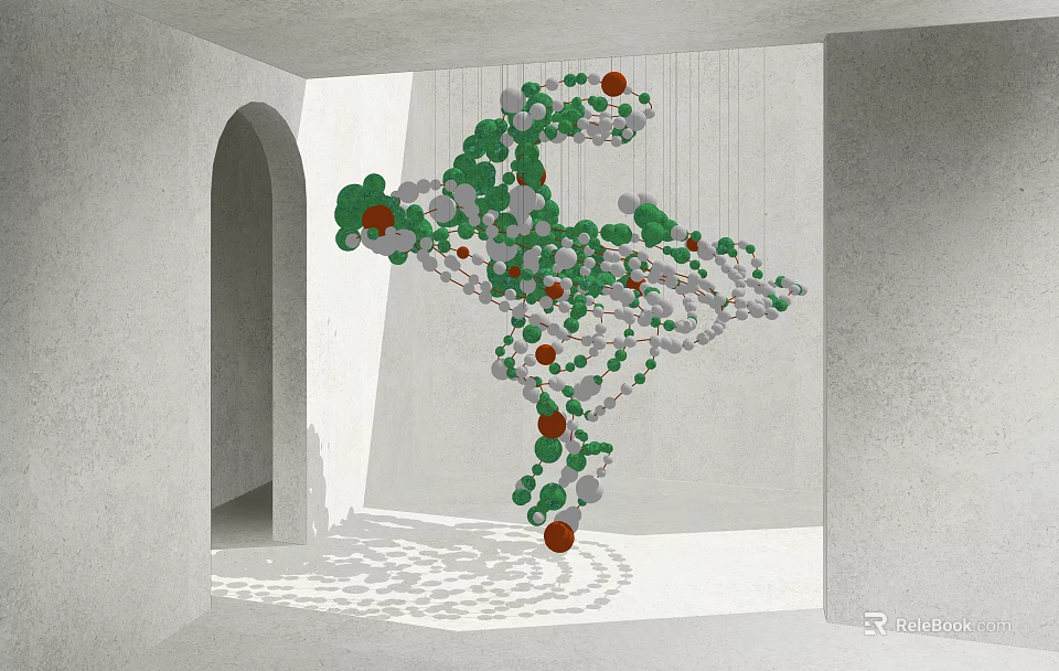 Art Installation With Green Gray And Red Spheres Hanging In Arched Doorway Gray Walls Space 3d model 