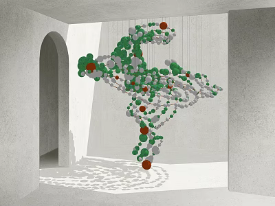 Art Installation With Green Gray And Red Spheres Hanging In Arched Doorway Gray Walls Space 3d model