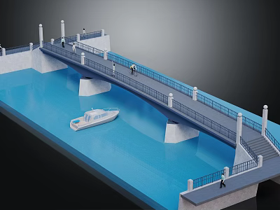 Pedestrian Bridge With Water Area Small Boat Pedestrians Columns Railing And Steps 3d model