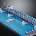 Pedestrian Bridge With Water Area Small Boat Pedestrians Columns Railing And Steps