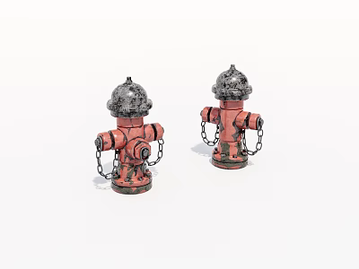 Outdoor Street Red Public Fire Hydrants With Black Tops And Hanging Chains 3d model