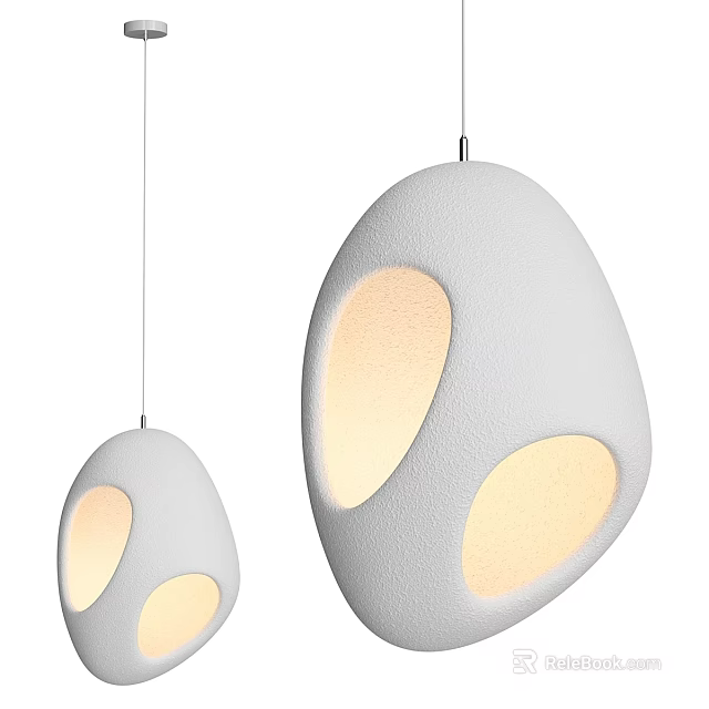 White Oval Shaped Pendant Lights With Textured Surface And Circular Cutouts Emitting Warm Light 3d model