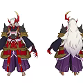 Game Movie Character With White Long Hair Red Horns Purple Red Outfit Golden Armor Claws