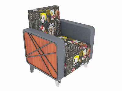 Stylish Single Sofa With Comic Print Fabric Wooden Armrest Cross Line Decoration And Metal Legs 3d model