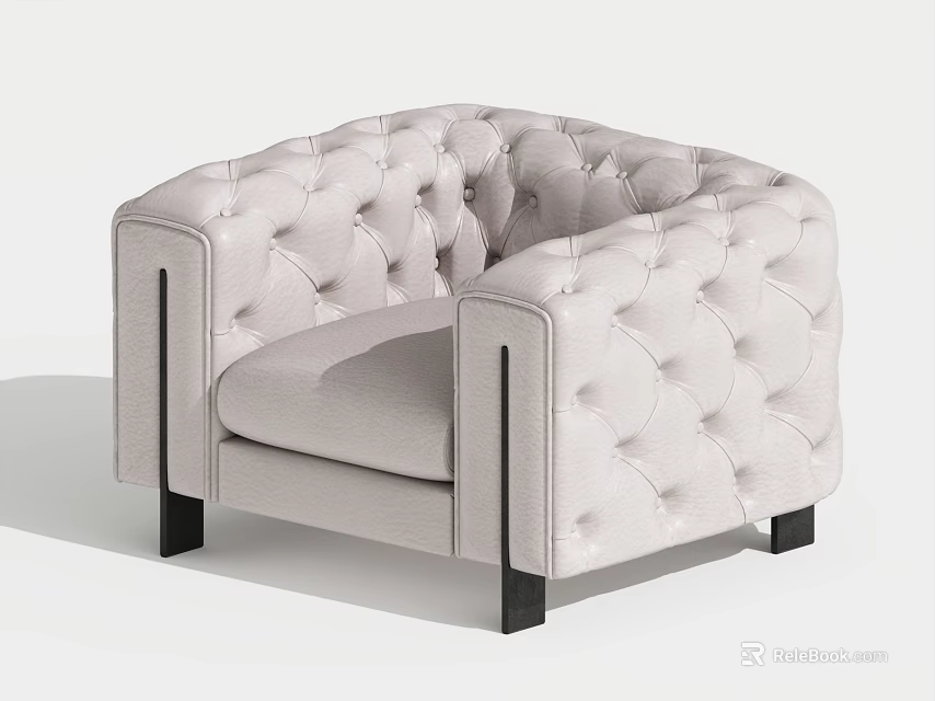 Elegant Single Seater Sofa With Tufted Beige Fabric And Black Wooden Legs 3d model 