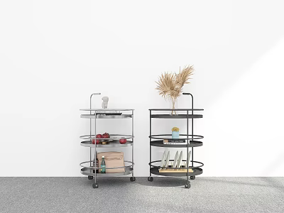 Modern Multi Tiered Rolling Storage Carts with Fruits Books Decorative Plants and Storage Boxes 3d model