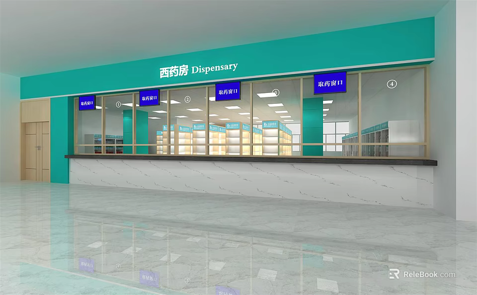 Modern Dispensary Interior With Glass Windows Counter And Medicine Shelves 3d model 