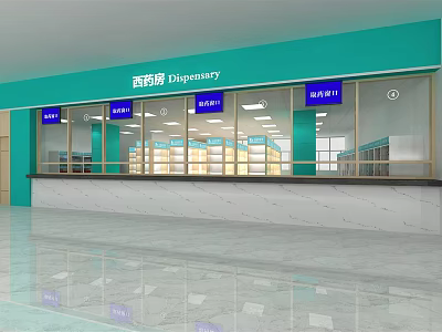 Modern Dispensary Interior With Glass Windows Counter And Medicine Shelves 3d model