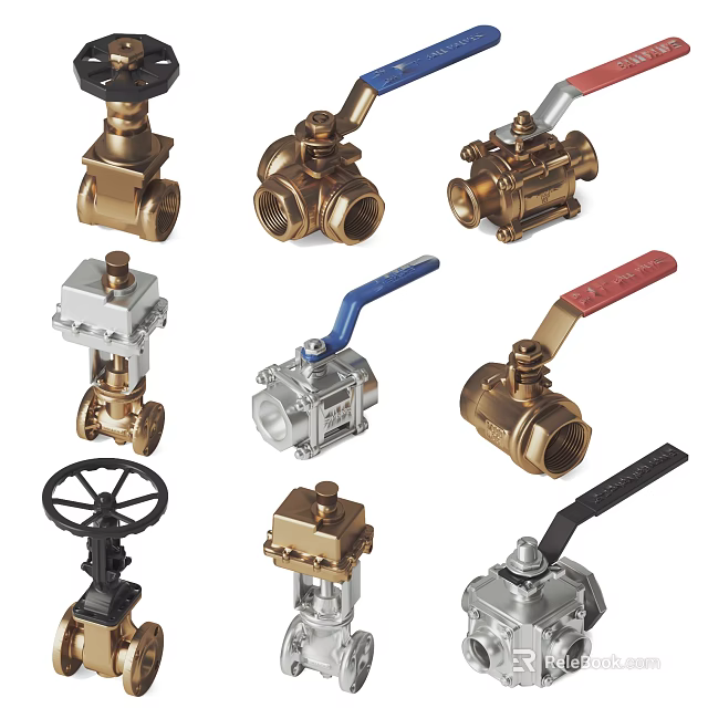 Hardware Tools Assorted Types of Brass Metal Valves with Different Colored Handles 3d model 